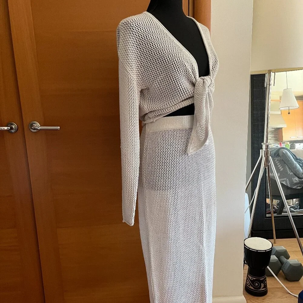 2-Pc.Soft Open Knit Mesh Wrap Top and Pencil Skirt, Size M - Picture 2 of 7